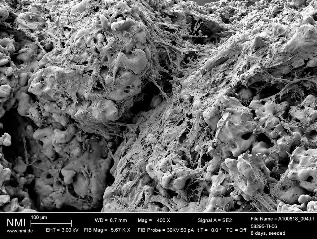 A sample seeded with osteoblasts. The titanium surface is exposed in places. Osteoblasts are attached to the titanium surface. /Natural and Medical Sciences Institute at the University of Tübingen (Germany)/ 2010