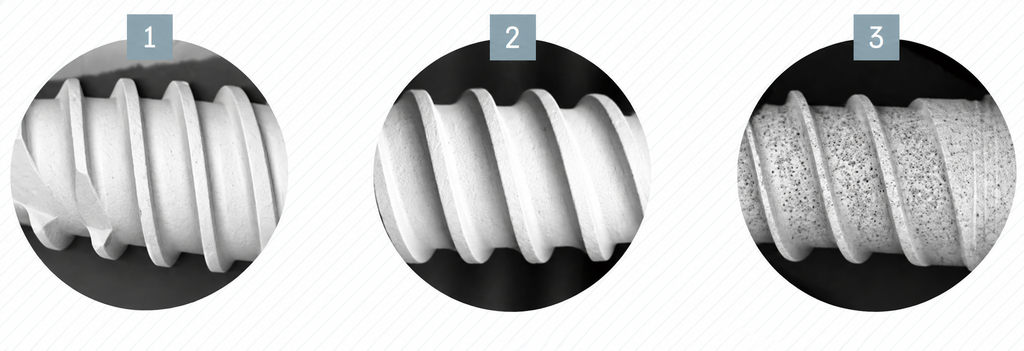 SEM images: 1. Smart Implants Pure& Porous® – no black spots at all. 2. The surface of the closest competitor on the market – almost clean. 3. A common implant on the market – many dark spots.

The cleanliness of items (1) and (2) compared to the contamination of item (3) is visually obvious.