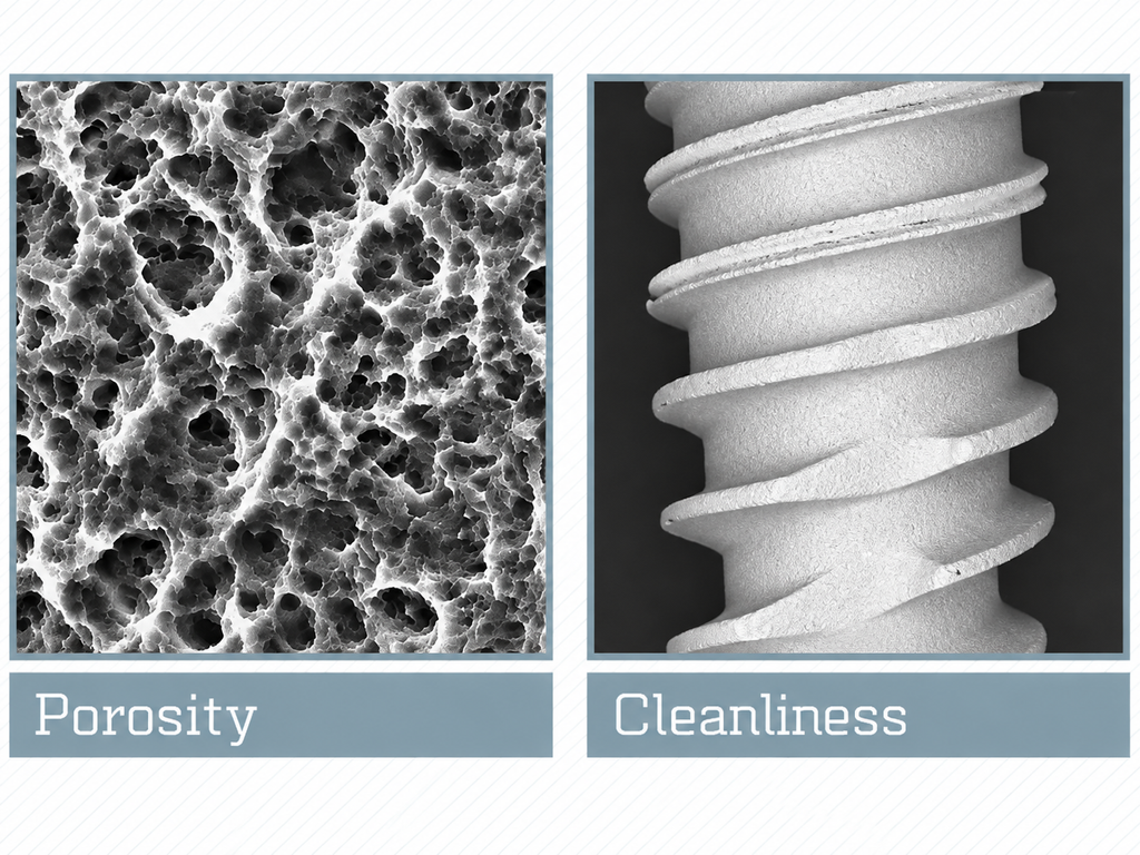 Equally interesting are SEM images at 50x magnification in backscattered electron (BSE) mode, which highlight any non-metallic inclusions on the surface in black. The more black dots present, the more contaminated the surface.