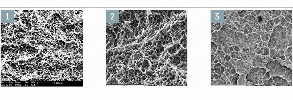 SEM SE surface images at 2000x magnification: 1. Smart Implants Pure& Porous® (batch D02021, April 2018) – good relief. 2. Surface created using SLA technology – excellent relief. 3. Surface created using RBM technology – mild irregularities, potentially leading to delayed osseointegration.